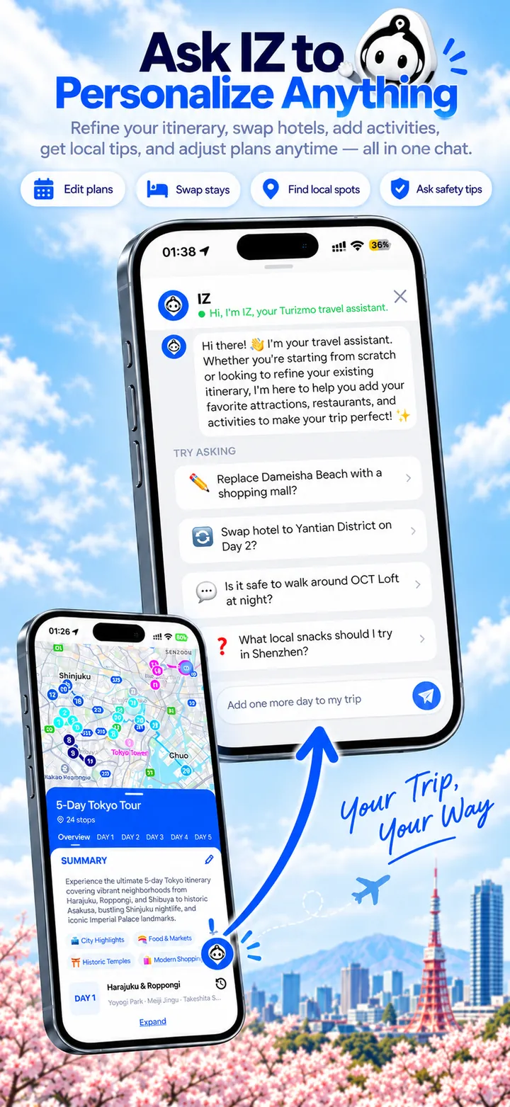 Turizmo app IZ chat screen: refine your itinerary, swap stays and add activities in one chat