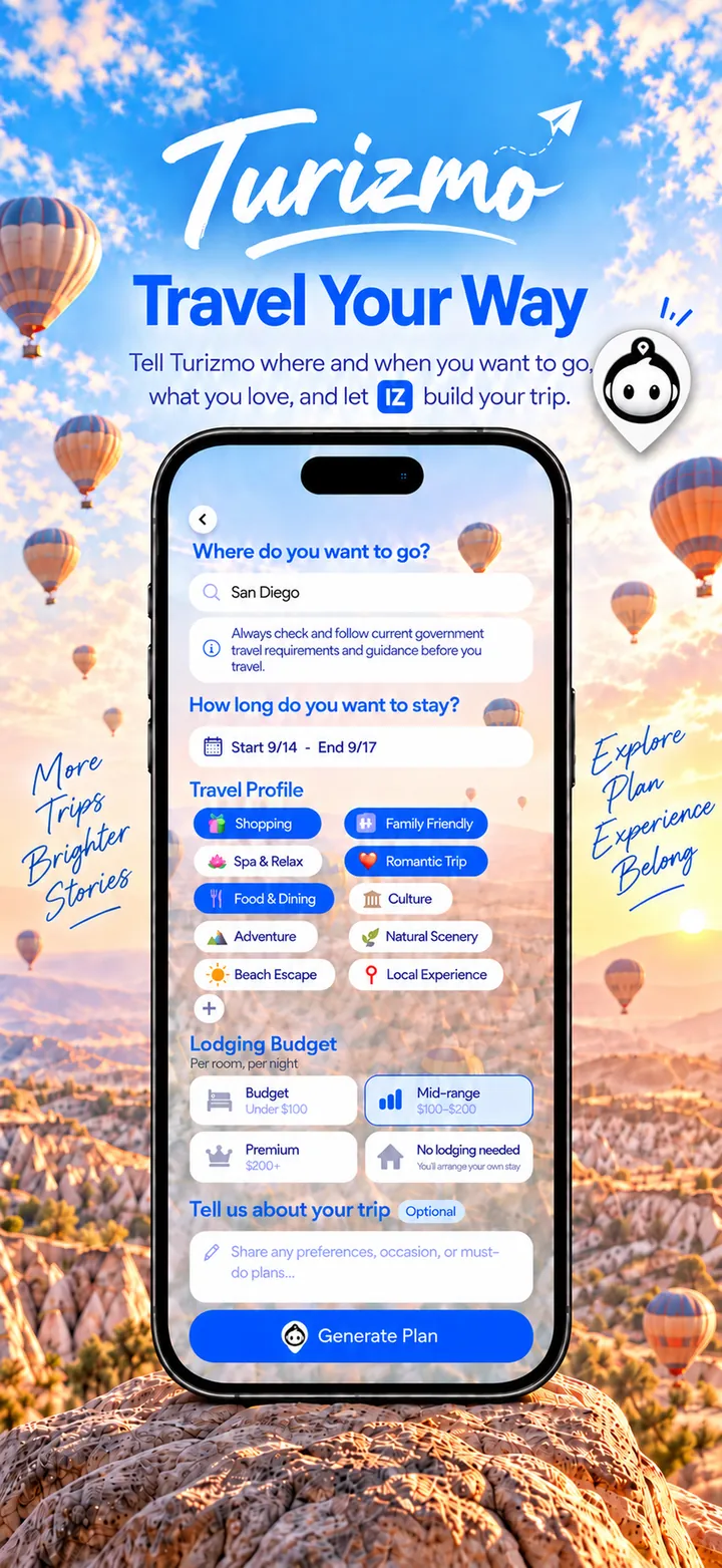 Turizmo app plan trip screen: destination, dates, travel profile and lodging budget